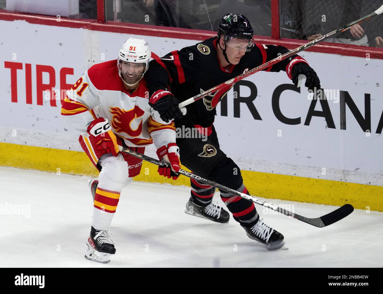 Ottawa Senators left wing Brady Tkachuk (7) celebrates a goal against the  Calgary Flames during second