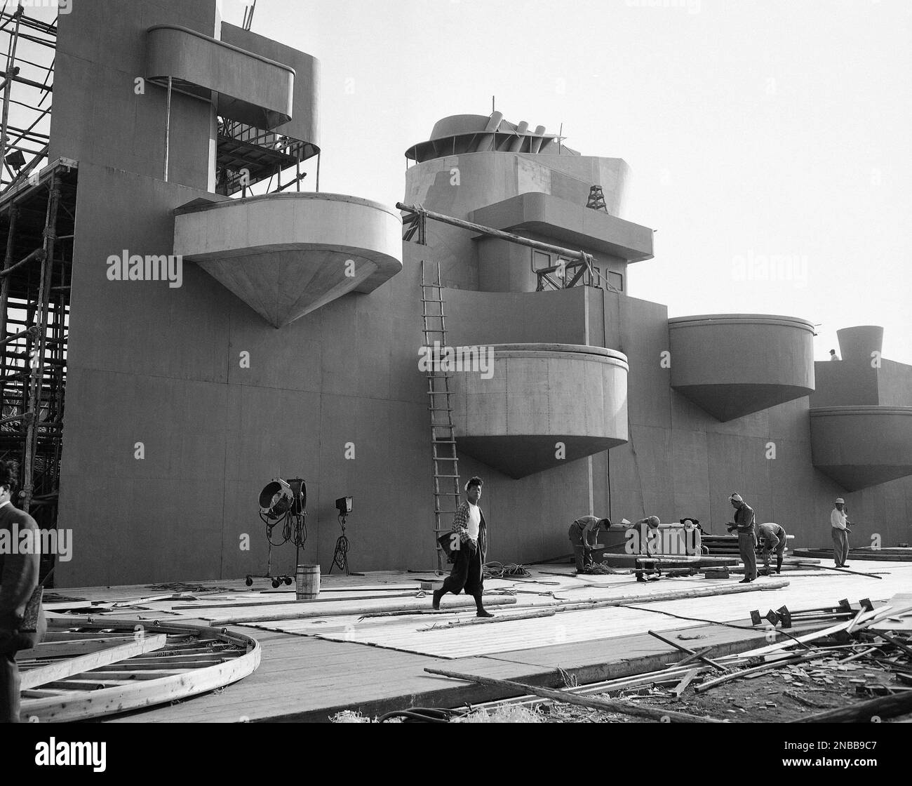 Scene on a studio lot in Japan during the construction of a huge prop