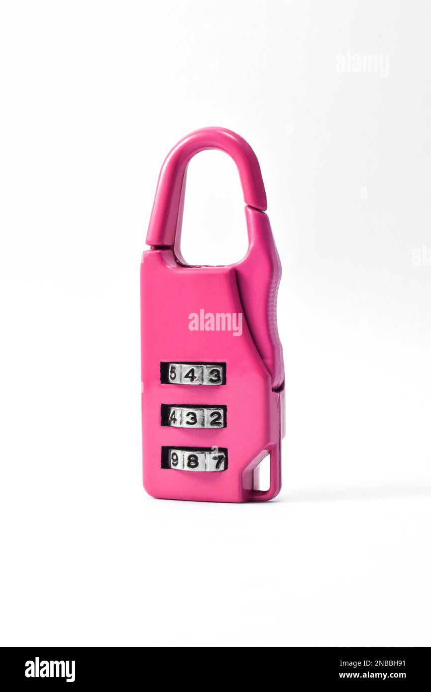 Pink padlock with combination lock isolated on white background Stock