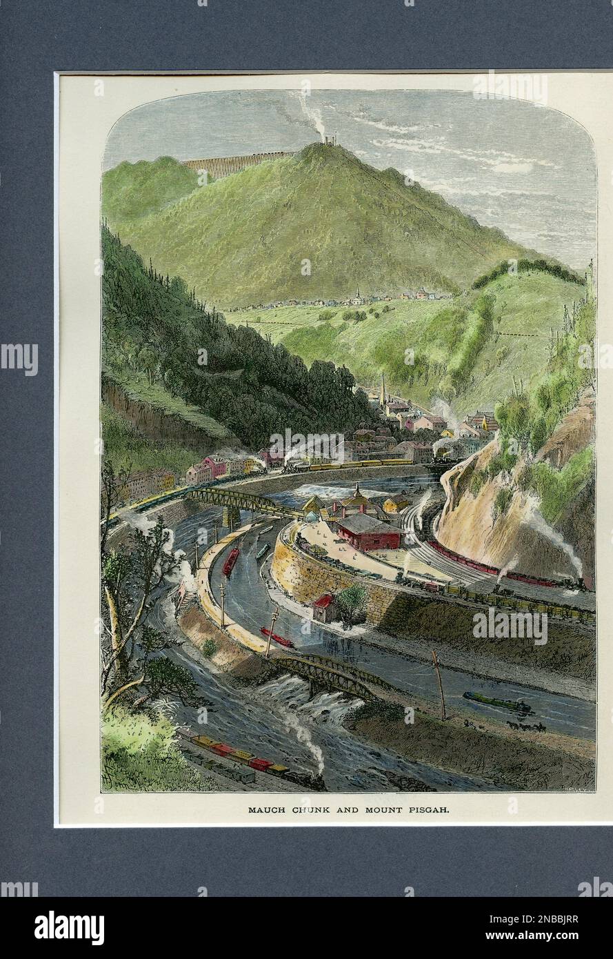 A water colored antique print of Jim Thorpe, Pennsylvania railway and