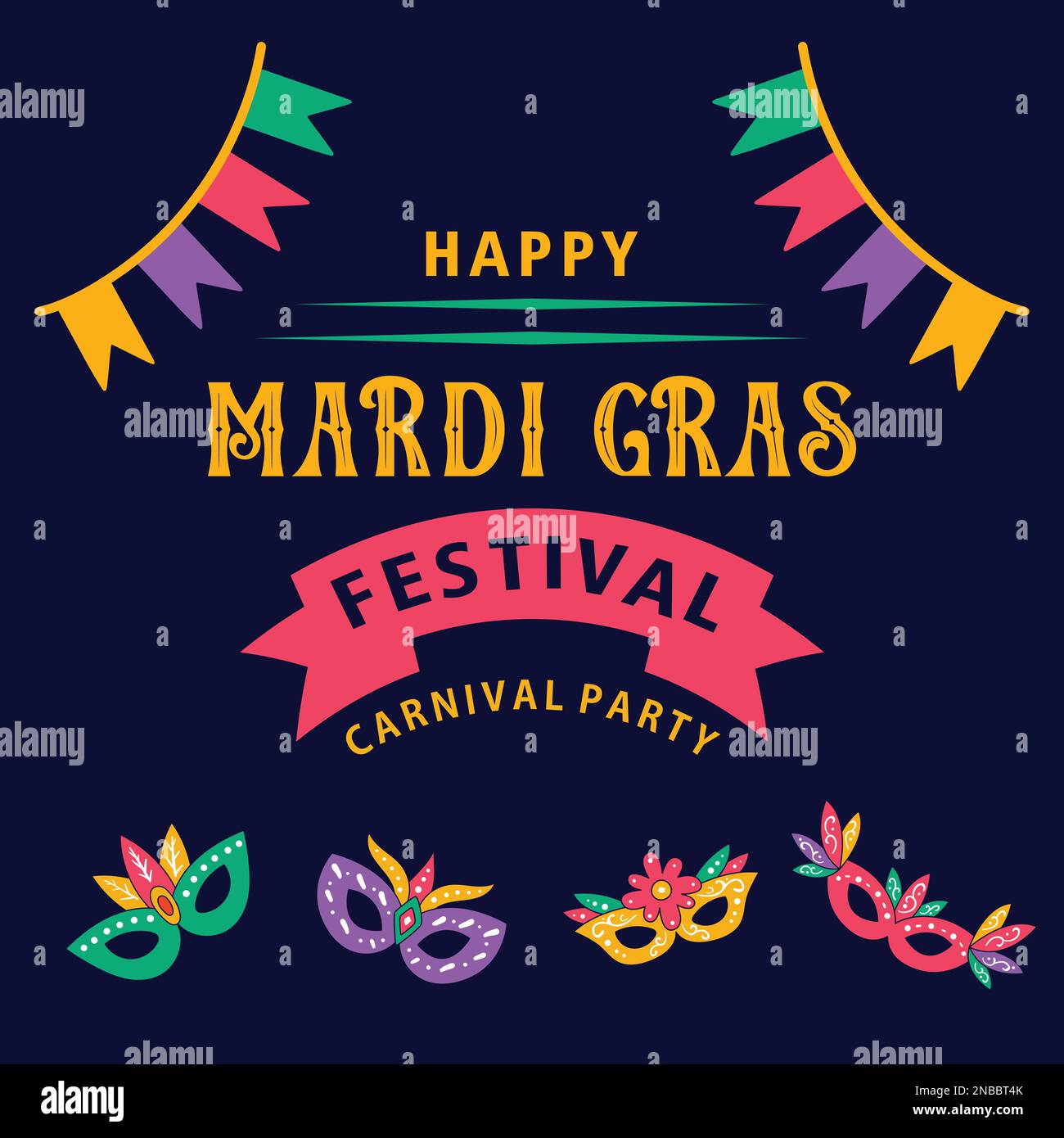 Flat style poster or template design with colorful party mask, guitar and maracas for Carnival Party. Flat vector illustration Stock Vector