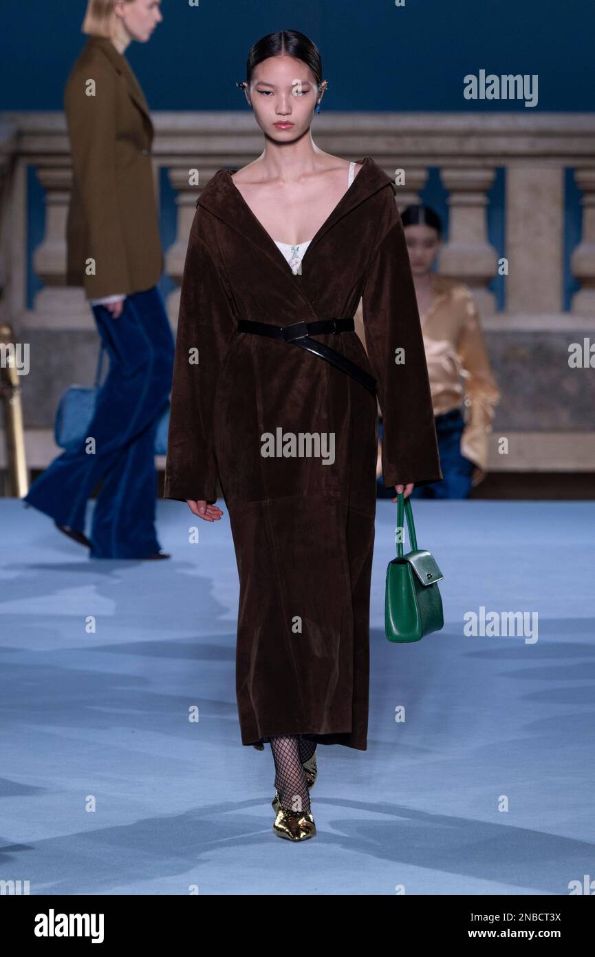 New York, USA. 13th Feb, 2023. A model walks on the runway at the Tory Burch  fashion show during the Fall Winter 2023 Collections Fashion Show at New  York Fashion Week in