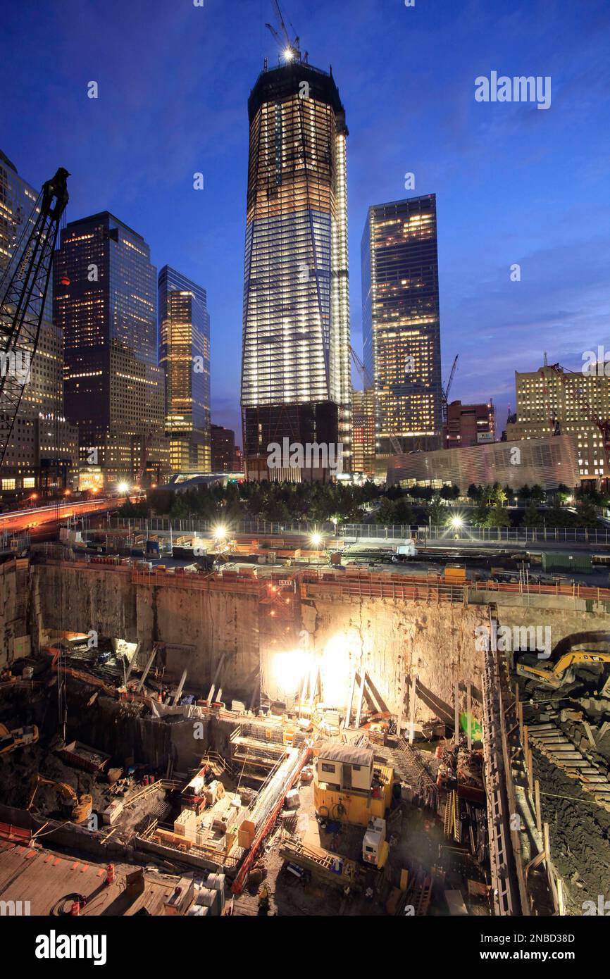 Construction continues on One World Trade Center, top center, and the