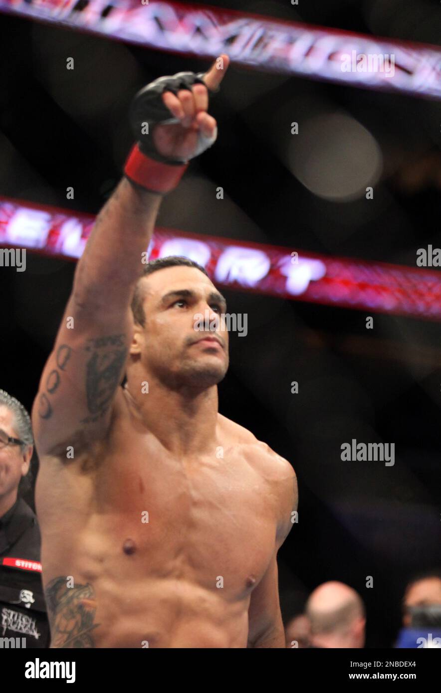 Victor Belfort, of Brazil, celebrates his win against Yoshihiro Akiyama, of  Japan, during their UFC middleweight fight at the Wells Fargo Center in  Philadelphia, Saturday, Aug. 6, 2011. Belfort won via first-round