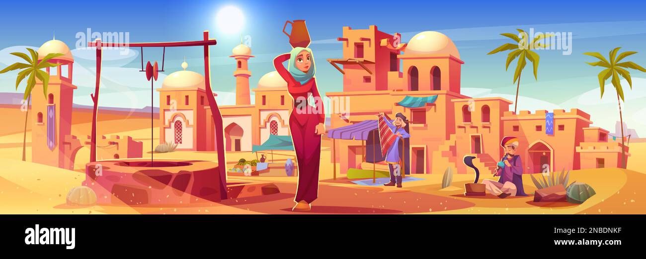 Ancient arab city with old houses and buildings in desert. Arabian town landscape with market, water well, mosque and woman with jug on head, vector cartoon illustration Stock Vector