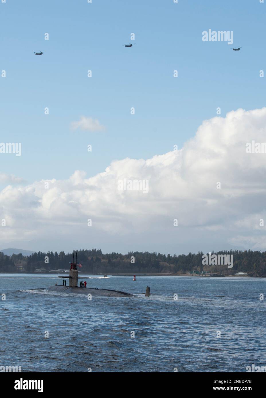 230210-N-ED185-1134  PUGET SOUND, Wash. (Feb. 10, 2023) The Los Angeles-class fast-attack submarine USS Key West (SSN 722) transits the Puget Sound before mooring at Naval Base Kitsap – Bremerton, Washington, February 10, 2023. Measuring more than 360 feet long and weighing more than 6,900 tons when submerged, Key West supports a multitude of missions to include anti-submarine warfare, anti-surface ship warfare, surveillance and reconnaissance, and strike warfare. (U.S. Navy Photo by Mass Communication Specialist 1st Class Brian. G. Reynolds) Stock Photo