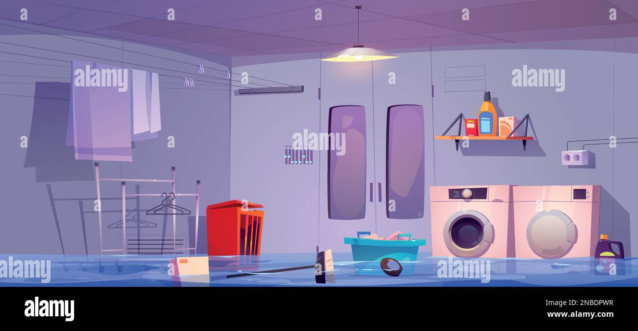Flooded laundry room. Basement floor of house wet by accident. Cartoon vector background with entrance to damage storeroom with basket, detergent, furniture and dryer. Need to repair washing machine. Stock Vector