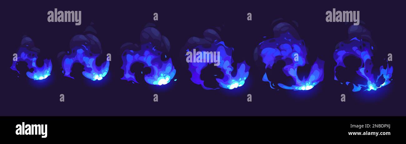 Explosion fire animation set on black background. Vector cartoon illustration of flame burning with cloud of smoke. Bomb blast, hit, war attack, accident crash, manmade disaster effect. Sprite sheet Stock Vector
