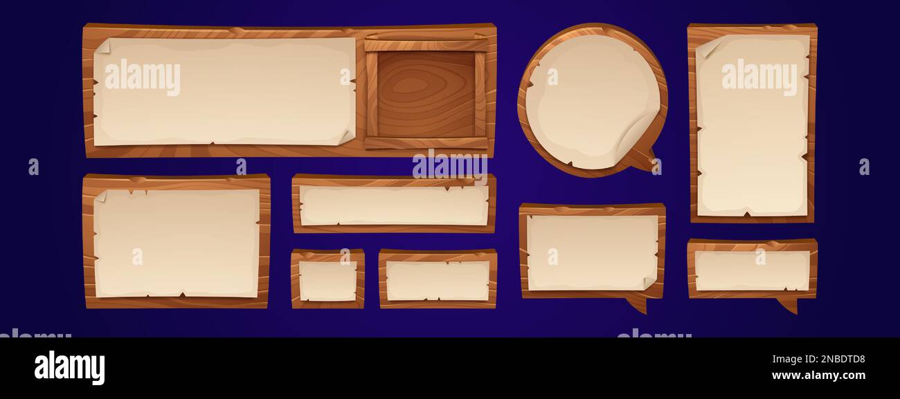 Cartoon set of wooden speech bubbles isolated on background. Vector ...