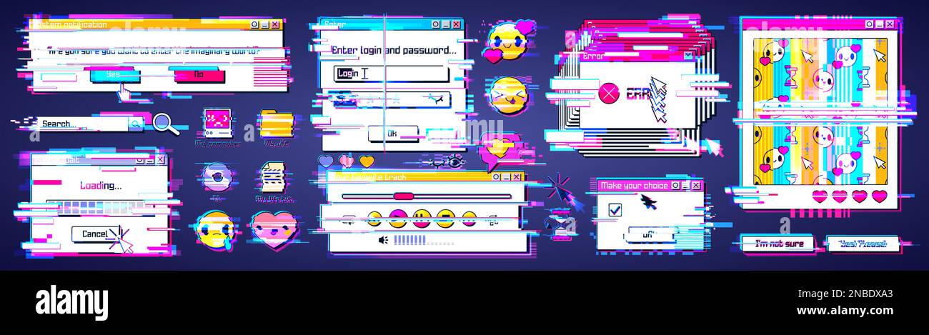 Glitch in retro computer system. Vector illustration of distorted 90s style software windows, error warning, loading progress bar, login box, online game, emoji, folder and file icons on desktop Stock Vector