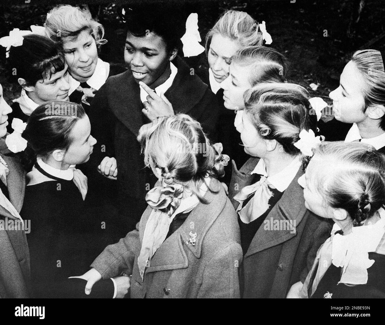 Huldah Clark, 14-year-old girl from Newark, New Jersey, is shown outside classroom of a Moscow ...