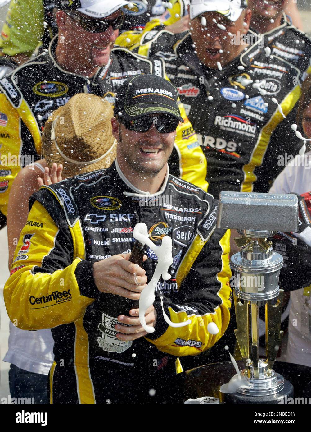 Paul Menard celebrates winning the Brickyard 400 on July 31, 2011 at  Indianapolis Motor Speedway in Indianapolis, Indiana. (AP Photo/Nigel  Kinrade Stock Photo - Alamy