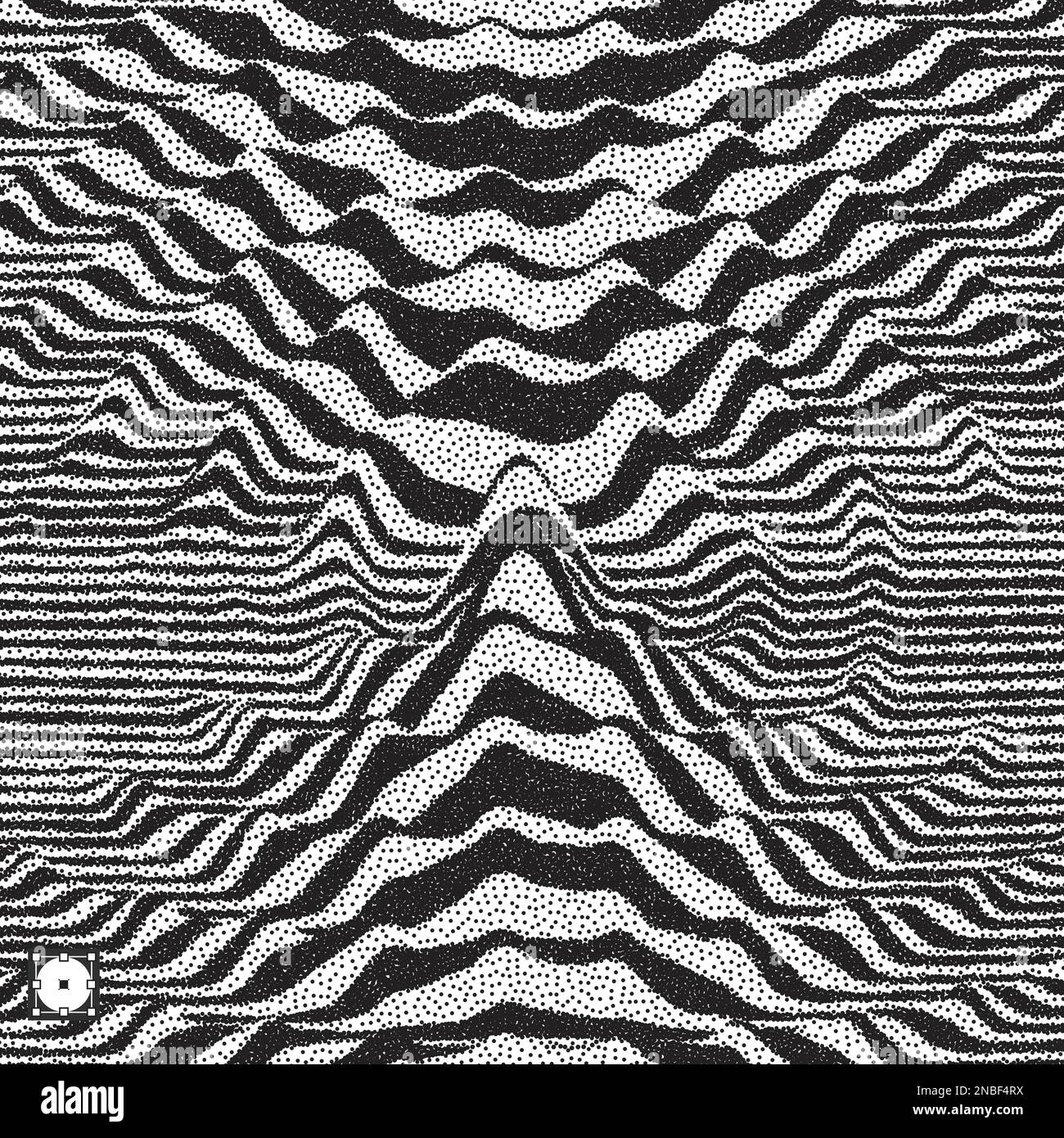 Waveform background. Dynamic visual effect. Surface distortion. Black and white sound waves. Pointillism pattern with optical illusion. Stippled vecto Stock Vector