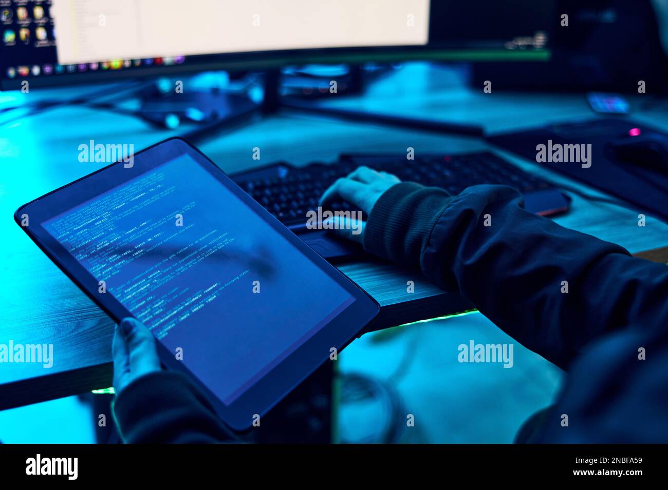 Tablet, html screen and programmer hands with coding software system for cyber security or hacking. Information technology, programming or coding Stock Photo