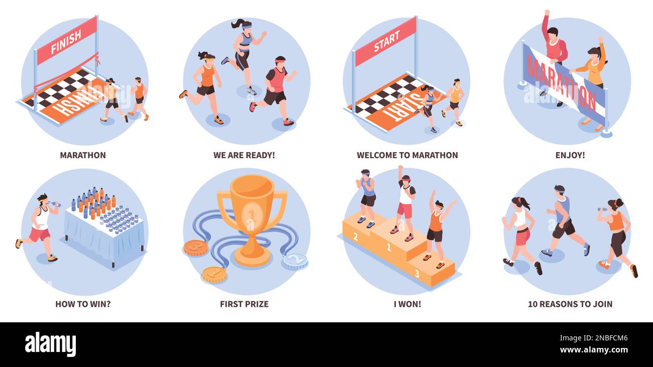 Isometric marathon composition set with running people isolated vector illustration Stock Vector