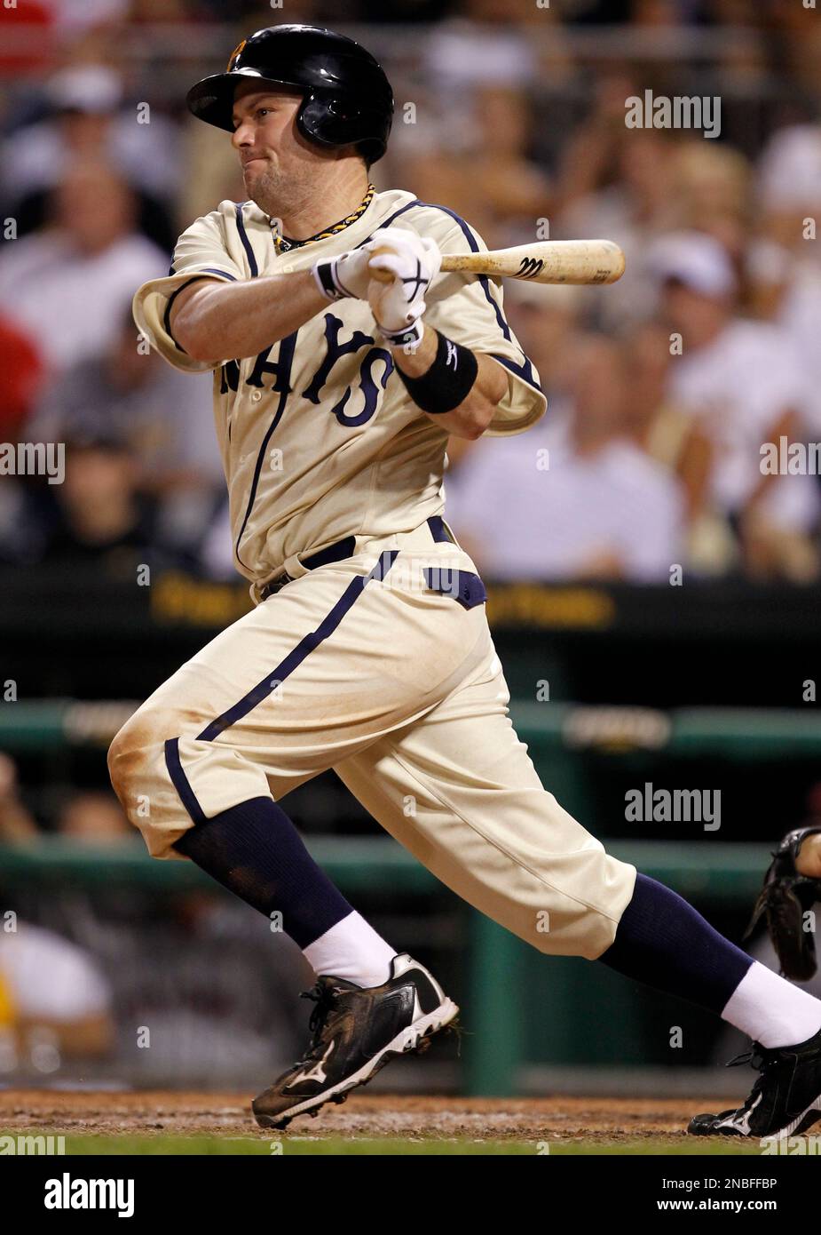 Pittsburgh Pirates' Matt Diaz bats wearing the uniform of the Homestead Grays of the Negro