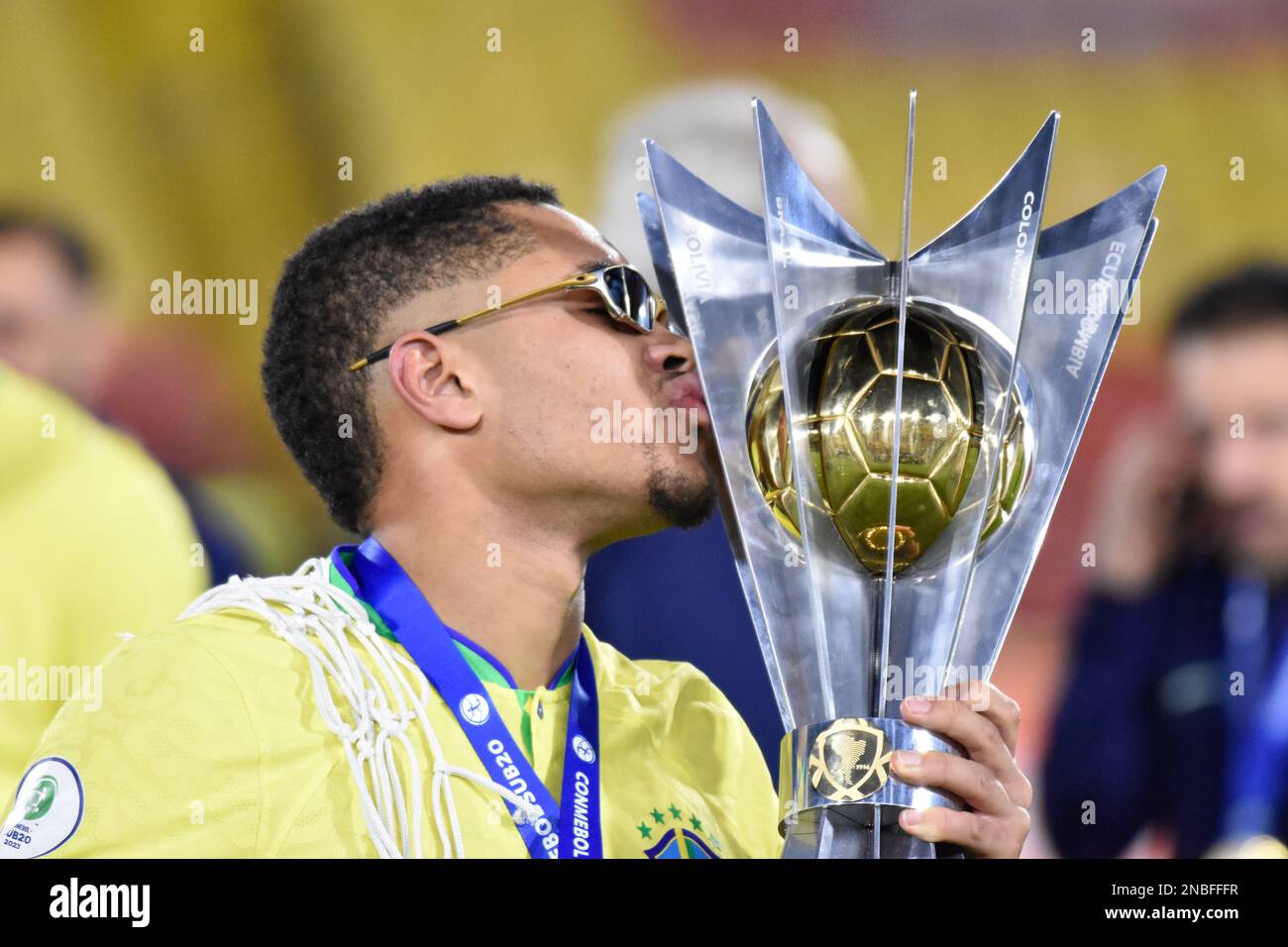 Bogota, Colombia on February 12, 2023. Brazil's Vitor Roque kisses the champions trophy after winning the South American U-20 Conmebol Tournament match between Brazil and Uruguay, in Bogota, Colombia on February 12, 2023. Photo by: Cristian Bayona/Long Visual Press Stock Photo