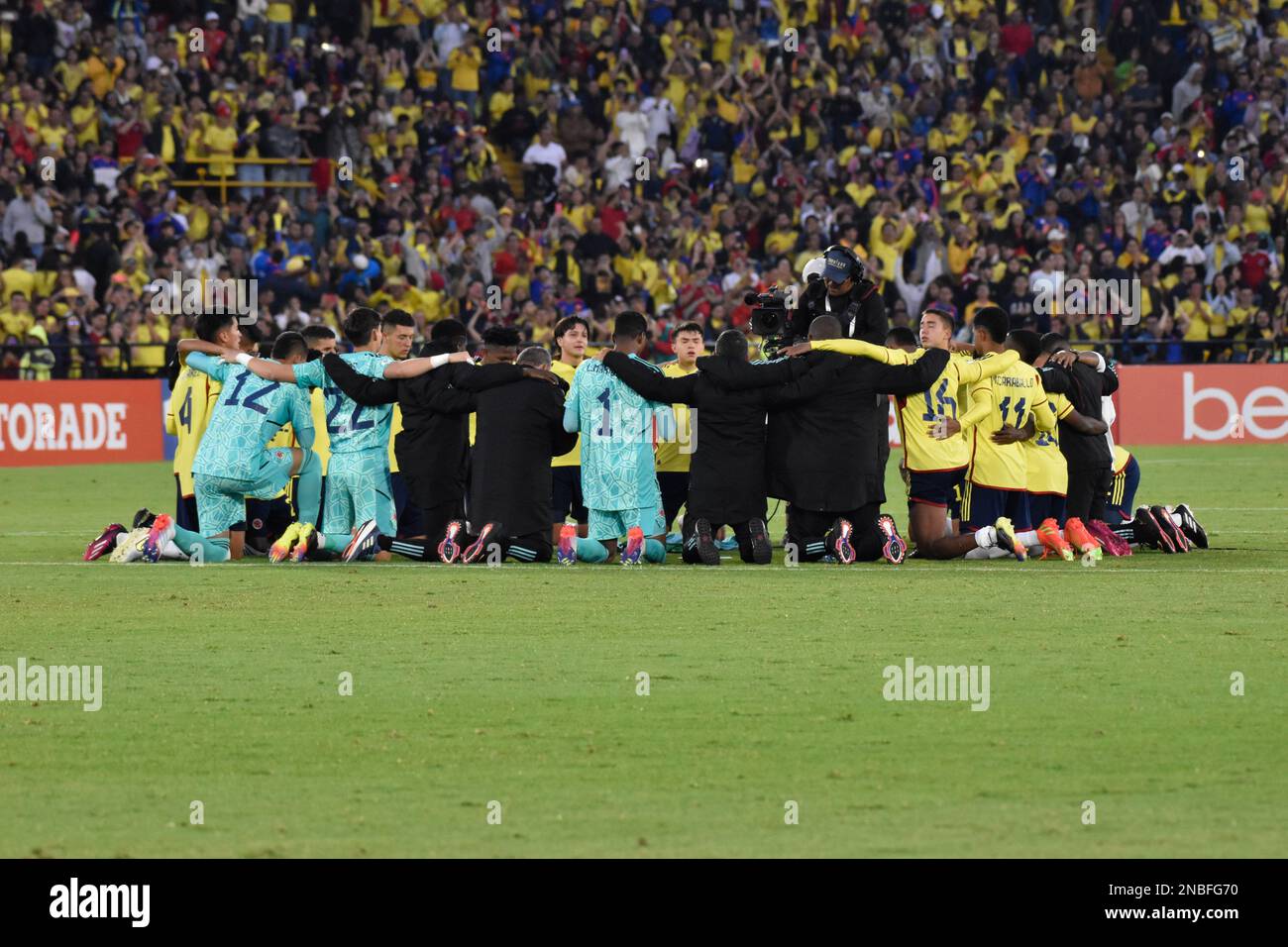 Bogota, Colombia on February 12, 2023. Colombia's national team celebrates after winning the South American U-20 Conmebol Tournament match between Colombia and Venezuela, in Bogota, Colombia on February 12, 2023. Photo by: Cristian Bayona/Long Visual Press Stock Photo