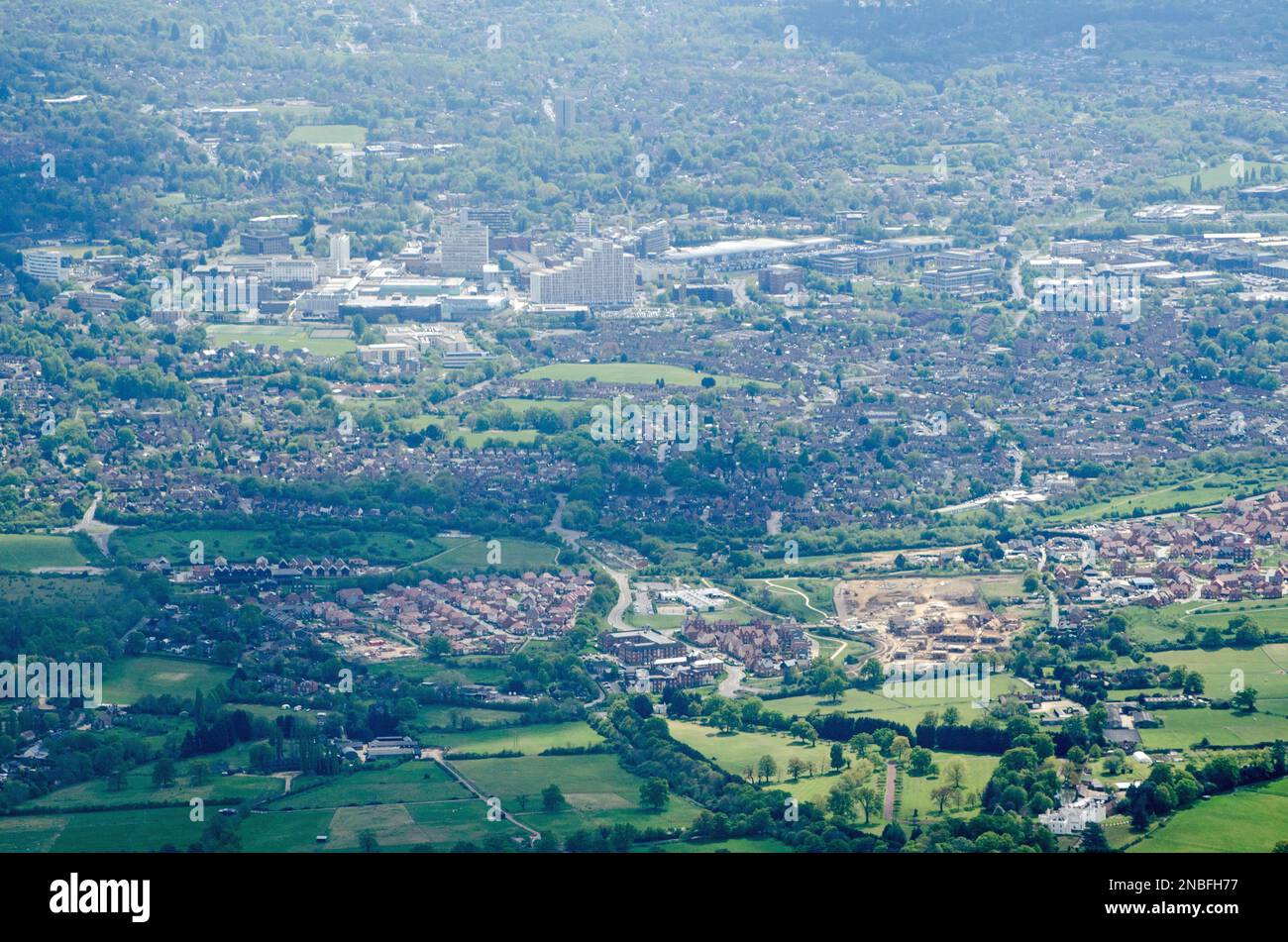 View from a plane of Bradknell town in Berkshire on a sunny Spring afternoon.  The stepped tower block Royal Winchester House is towards the centre of Stock Photo