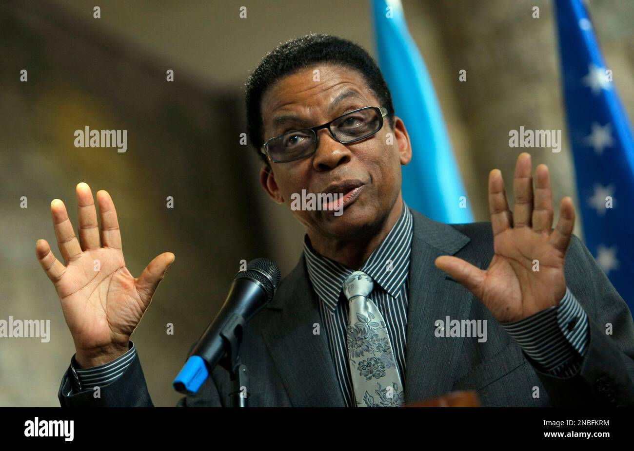 US Jazzman Herbert Jeffrey "Herbie" Hancock, delivers a speech during