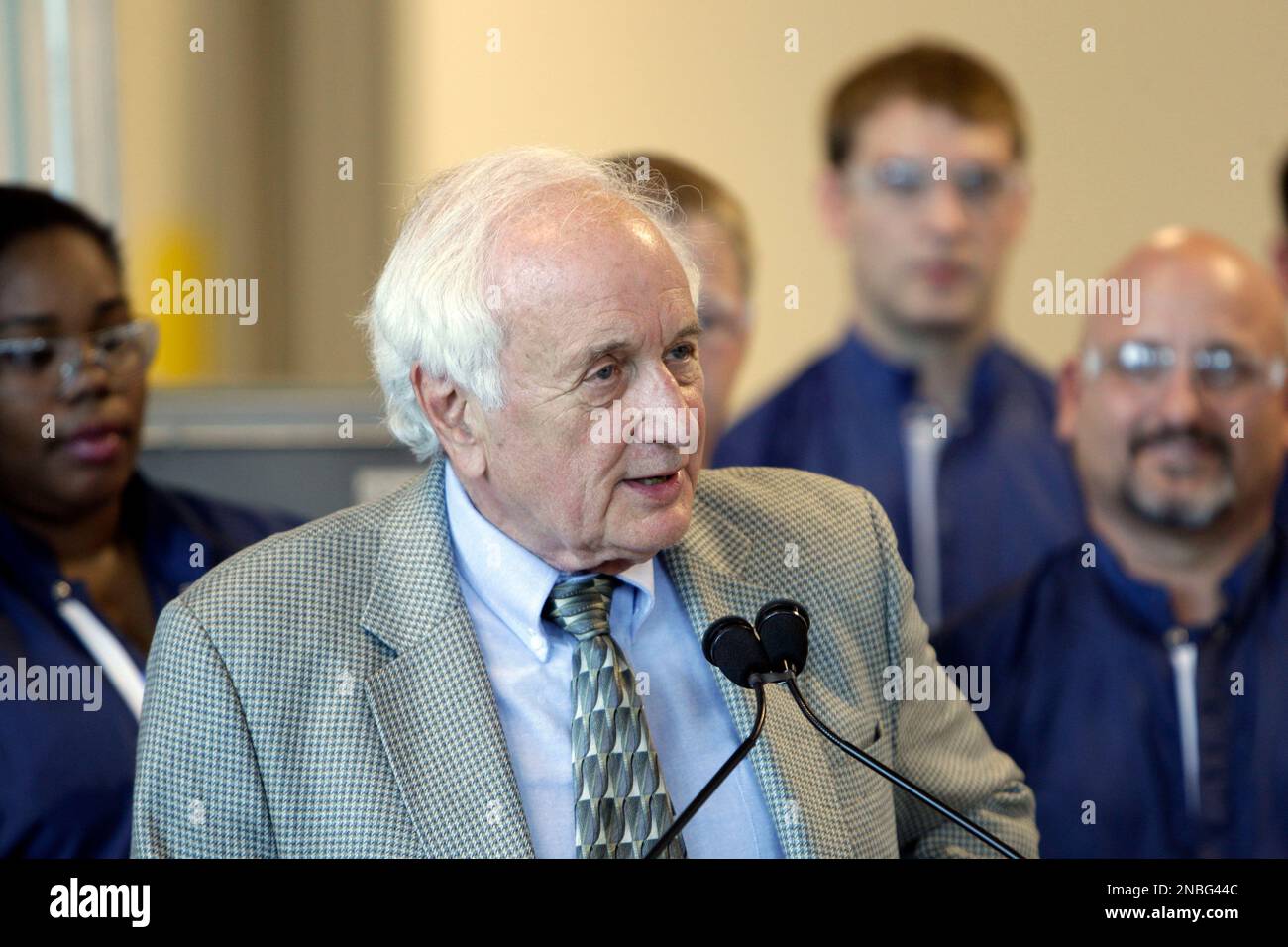 U.S. Rep. Sander Levin, D-Mich., addresses the media at A123 Systems in Romulus, Mich., Monday, July 18, 2011. (AP Photo/Carlos Osorio) Stock Photo