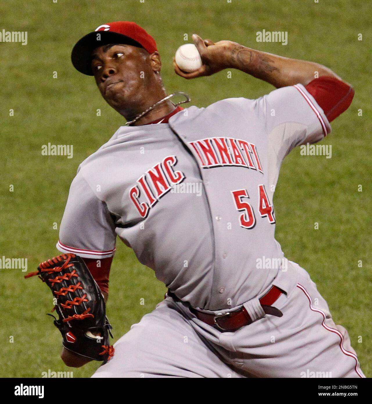Cincinnati Reds pitcher Aroldis Chapman (54) delivers a pitch to Pittsburgh  Pirates' Josh Harrison in the eighth inning of a baseball game in  Pittsburgh Monday, July 18, 2011. The pitch registered 101