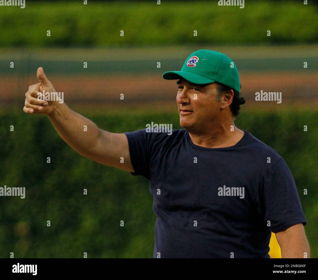 Actor Jim Belushi salutes the crowd after throwing out a ceremonial first pitch at baseball game between the Chicago Cubs and the Philadelphia Phillies Monday, July 18, 2011 in Chicago. (AP Photo/Charles Rex Arbogast) Stock Photo
