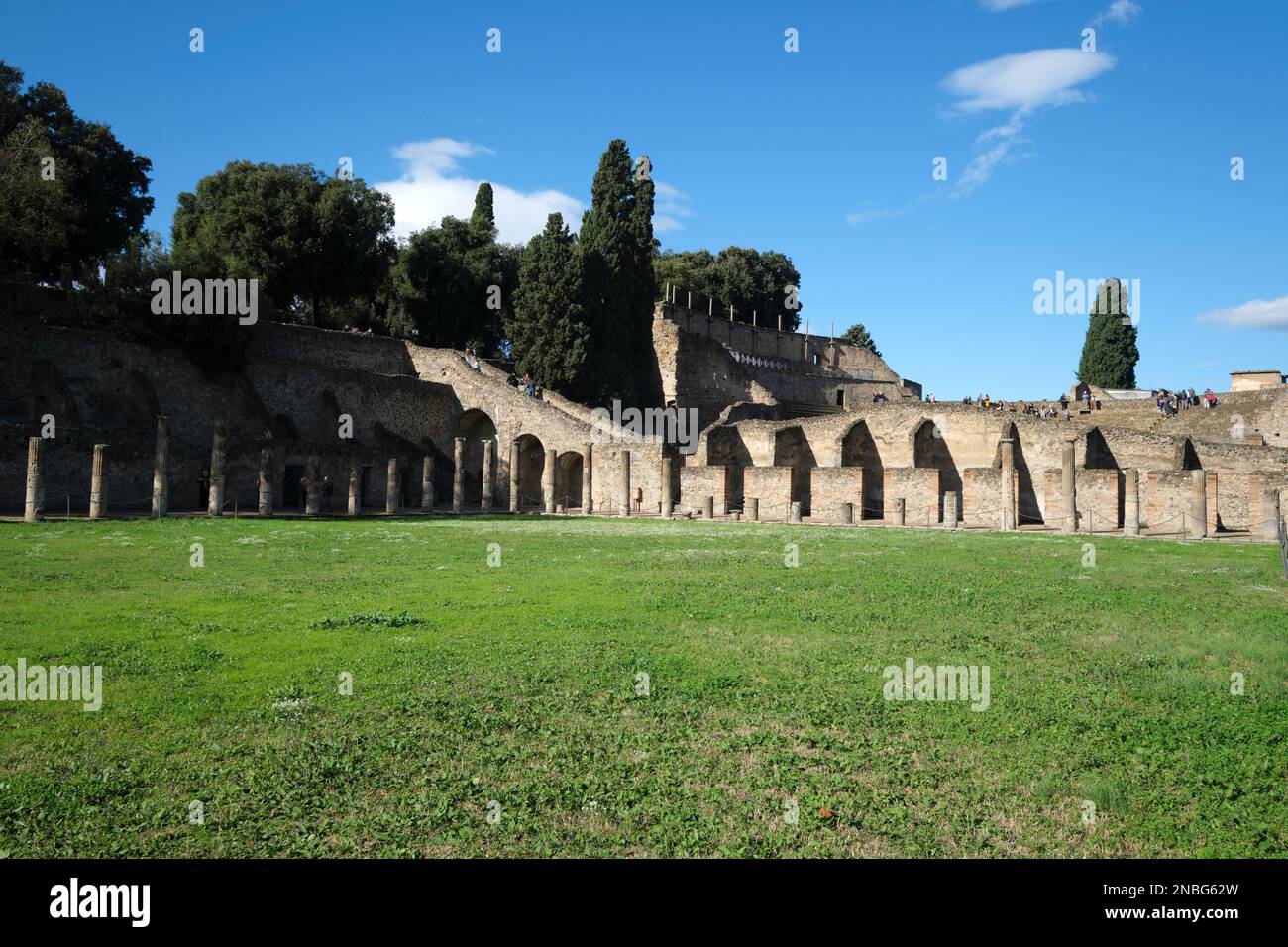 A wide angle view of the green lawn and many ruined columns in the