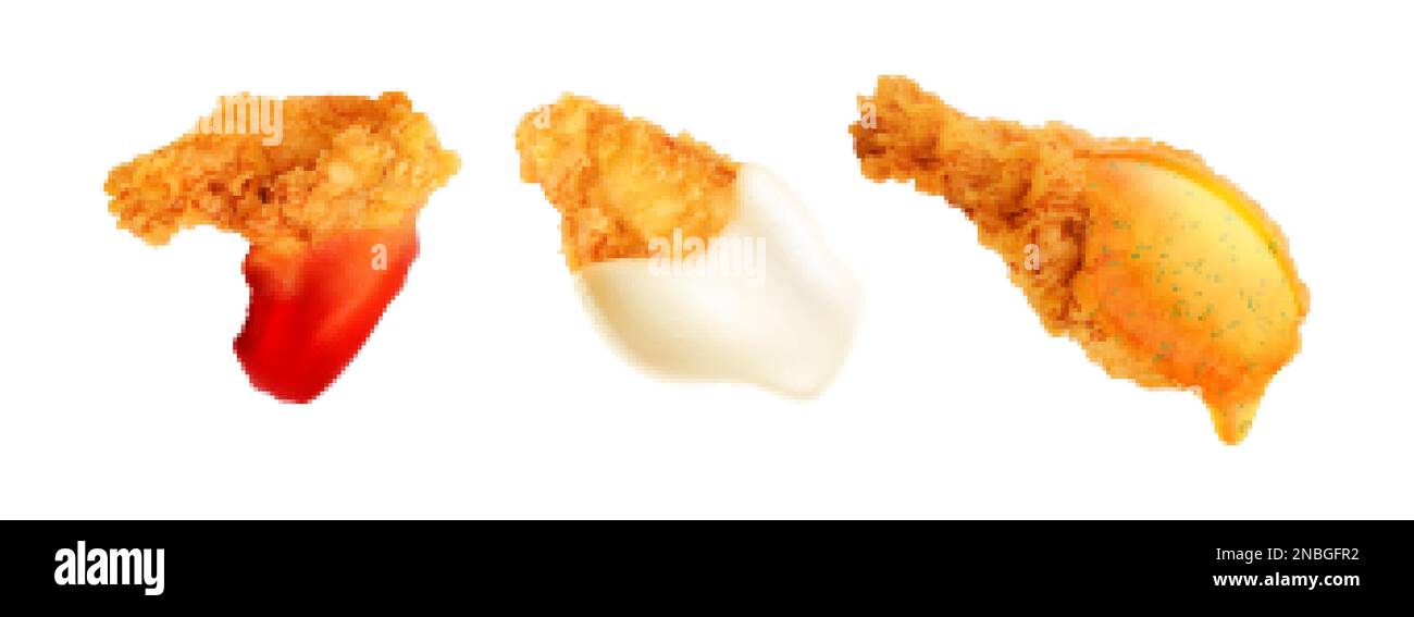 Chicken fast food ketchup sauces realistic set of three isolated images with sauce covering
