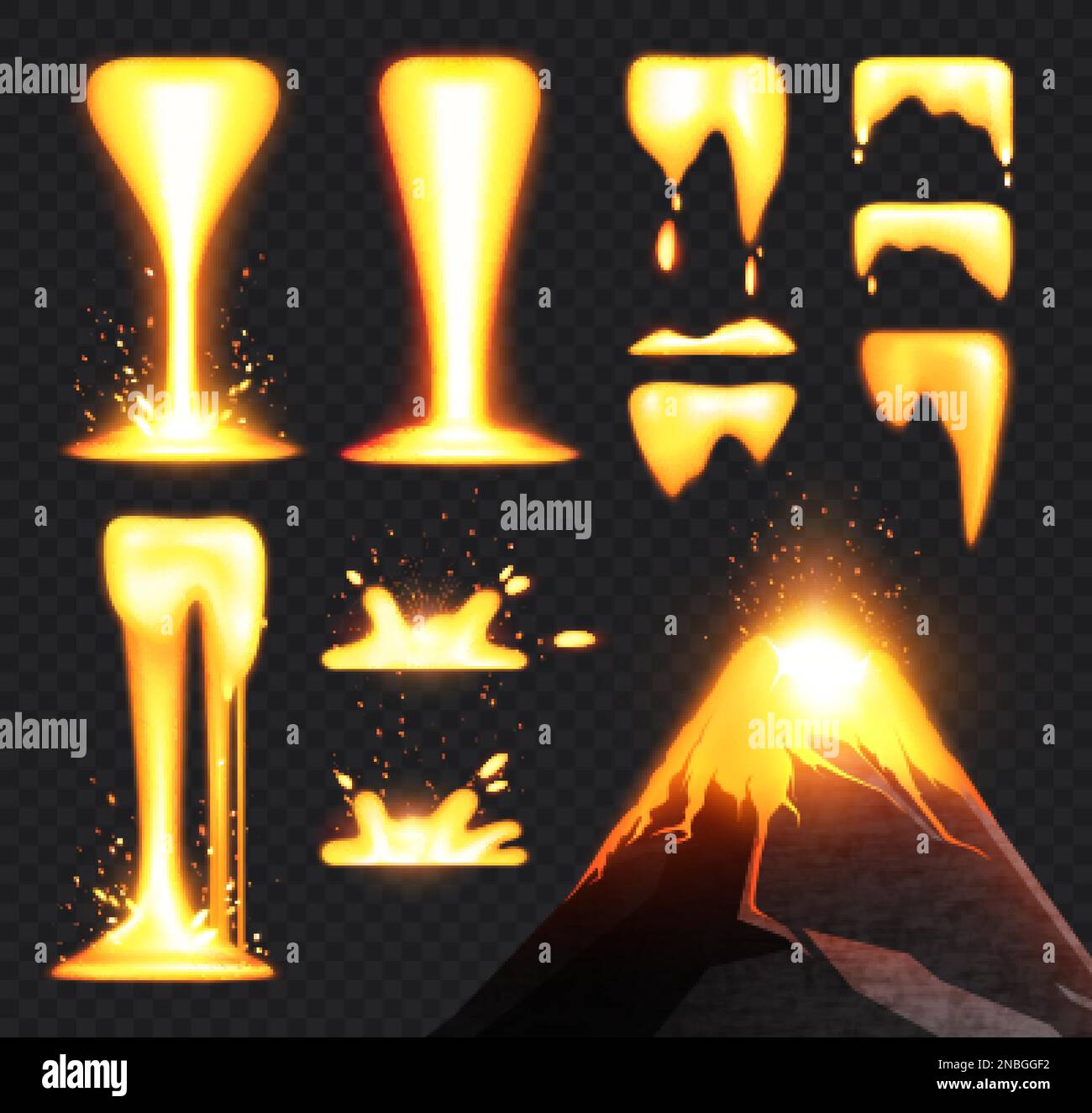 Set with realistic images of lava and melted metal with volcano