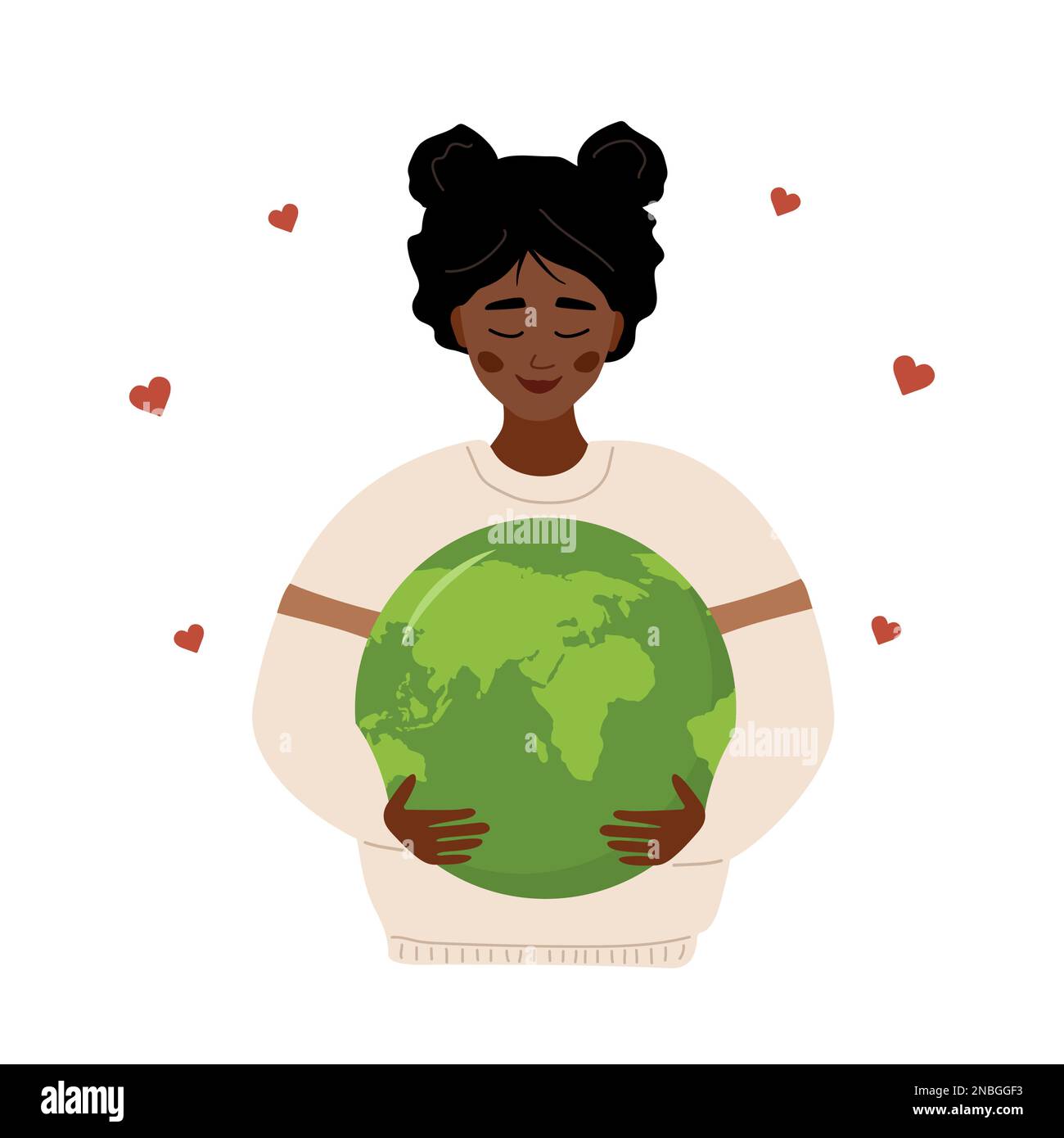 Happy Earth day. Smiling african girl holding Planet with care and love. Caring for Nature and environment. Concept of ecological awareness. Vector Stock Vector