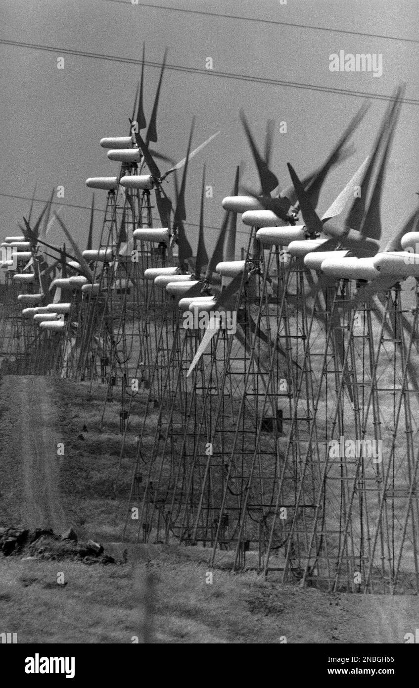 Wind power machine, hundreds of them in the Altamont Pass hills, rotate ...