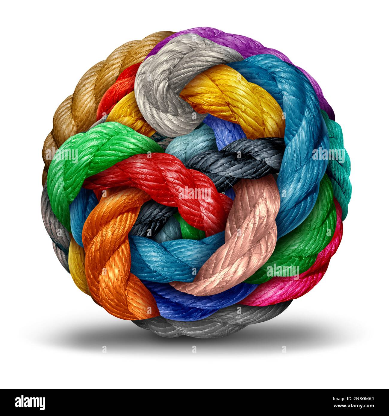 Concept Of Complexity as a group of diverse rope objects shaped as a sphere representing unity or confusion and entanglement with a cluster. Stock Photo