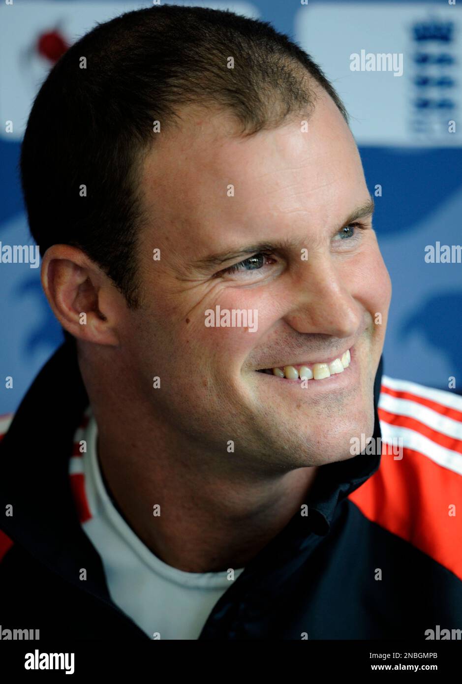 England cricket captain Andrew Strauss answer a question during a news ...