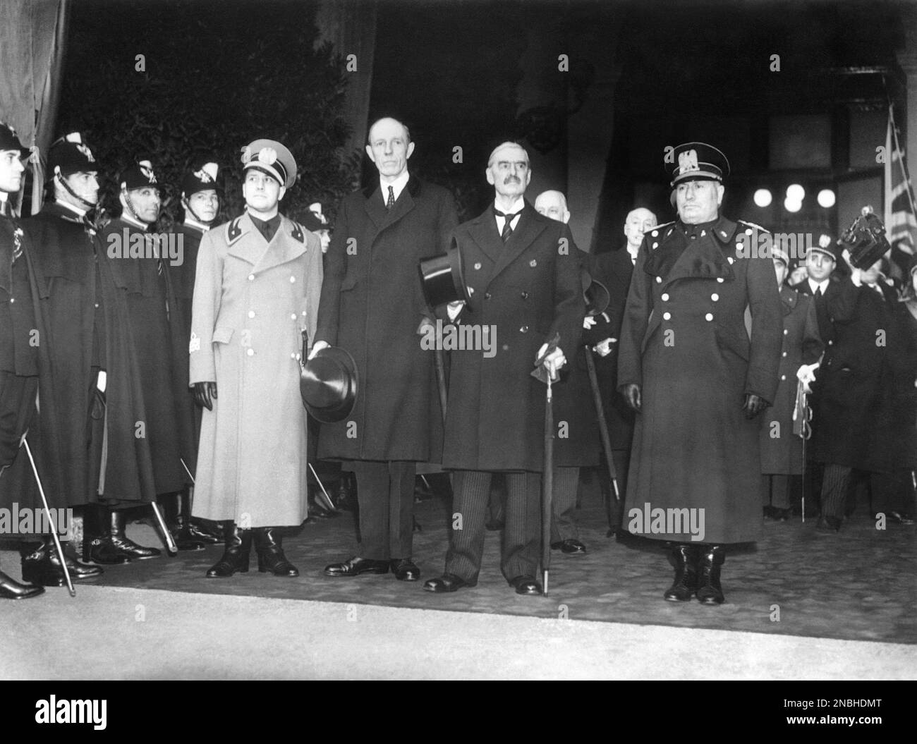 The meeting between British Prime Minister Neville Chamberlain and Italian dictator Benito Mussolini in Rome on Nov. 1, 1939. Left to right are Italian Foreign Minister Count Ciano, British Foreign Minister Lord