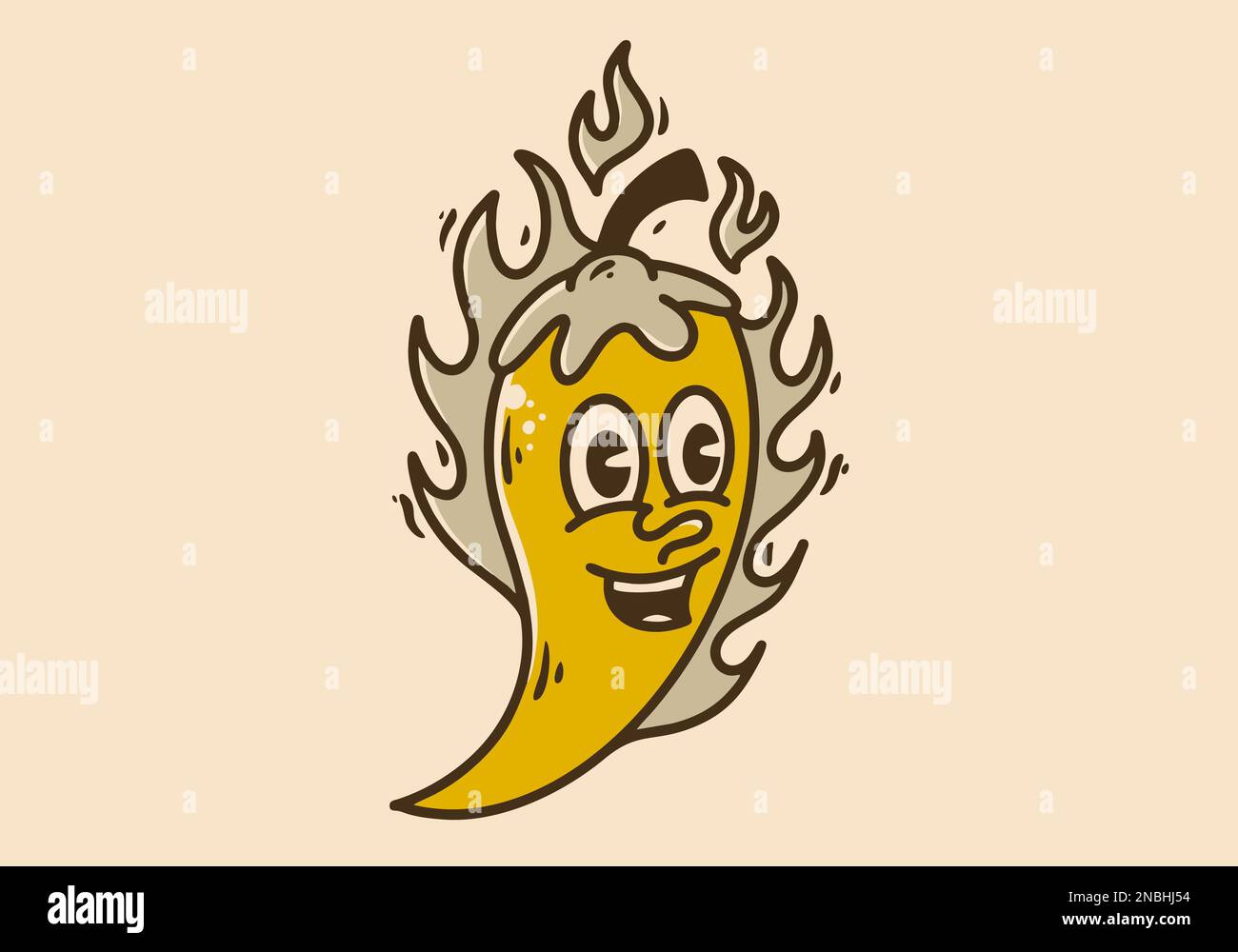 Illustration character design of a yellow chili with fire flame Stock Vector