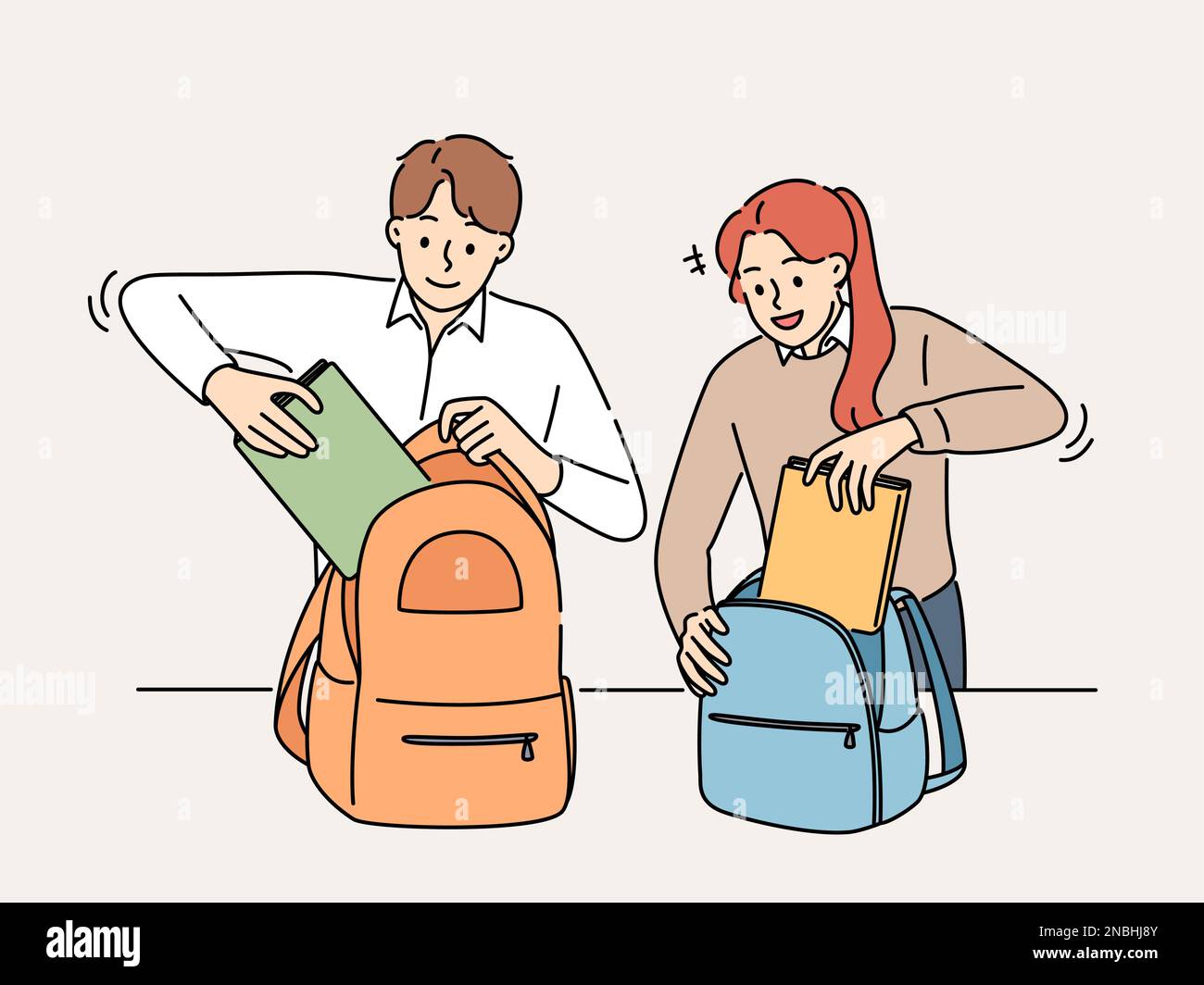 Smiling students pack backpacks in school or college. Happy pupils put