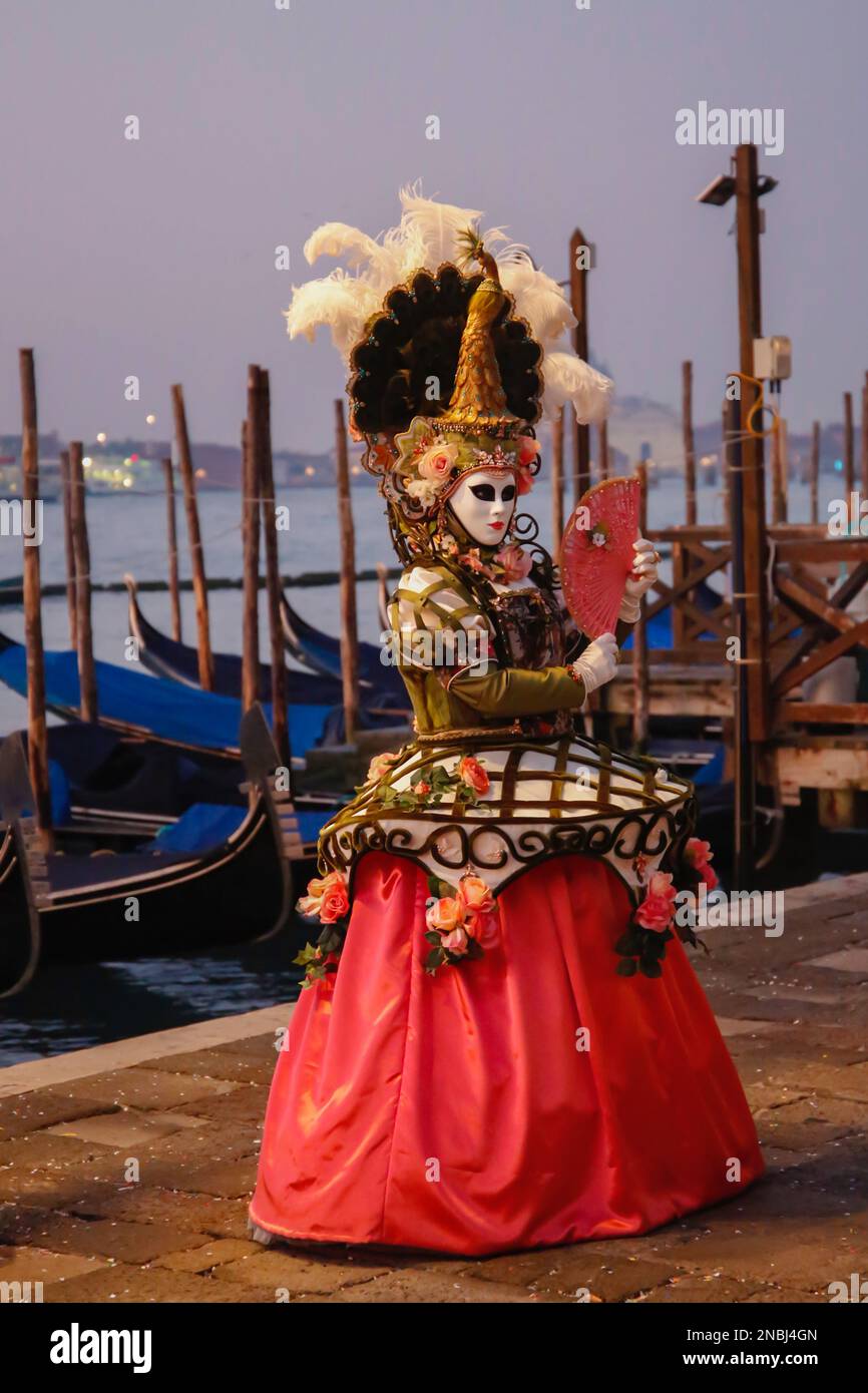 Venice, Italy. 14th February 2023. Revellers wearing traditional carnival costumes and masks, along with tourists, flock to Venice for the Venice Carnival  on Valentines Day. Credit: Carolyn Jenkins/Alamy Live News Stock Photo