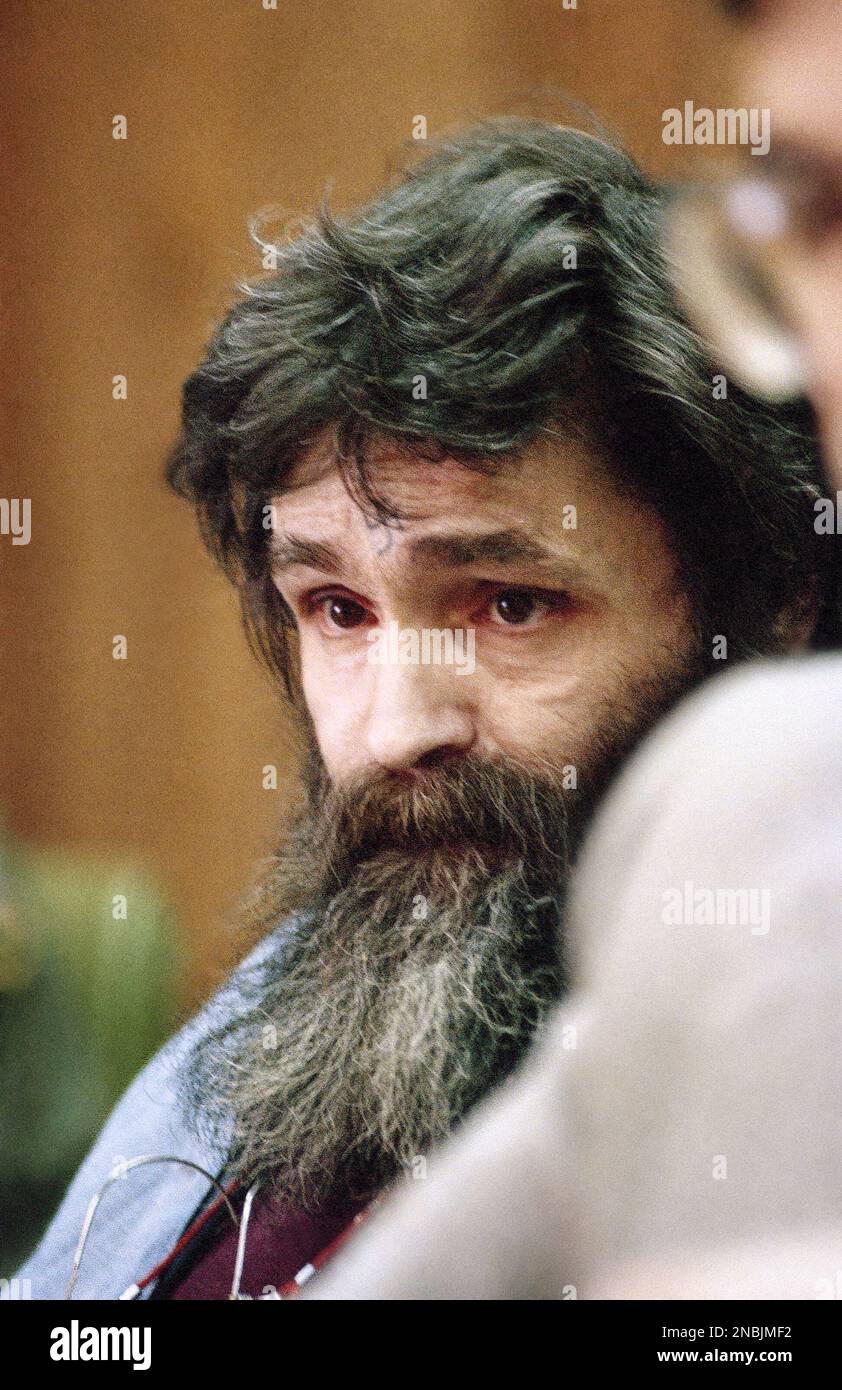 Convicted killer Charles Manson at his parole hearing at San Quentin ...