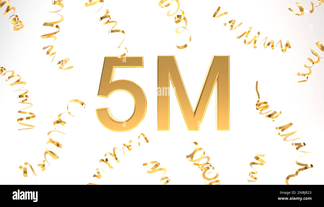 Golden 5M followers symbol with confetti for celebration 3d rendering.  Stock Photo