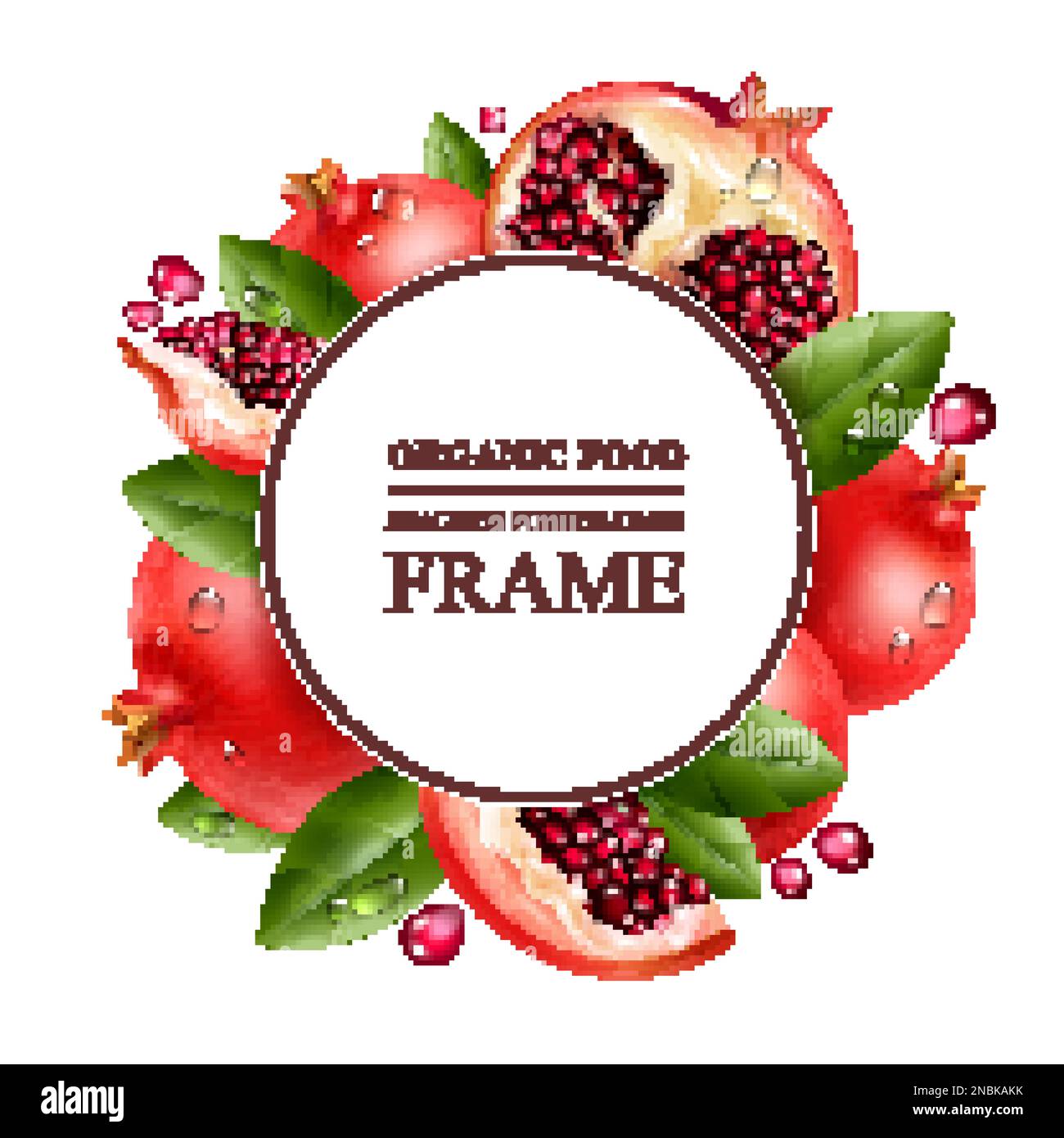 Pomegranate realistic frame with tasty healthy food symbols vector illustration Stock Vector