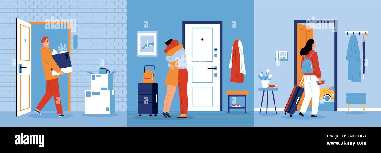 People leaving home moving into new house departing hugging flat design
