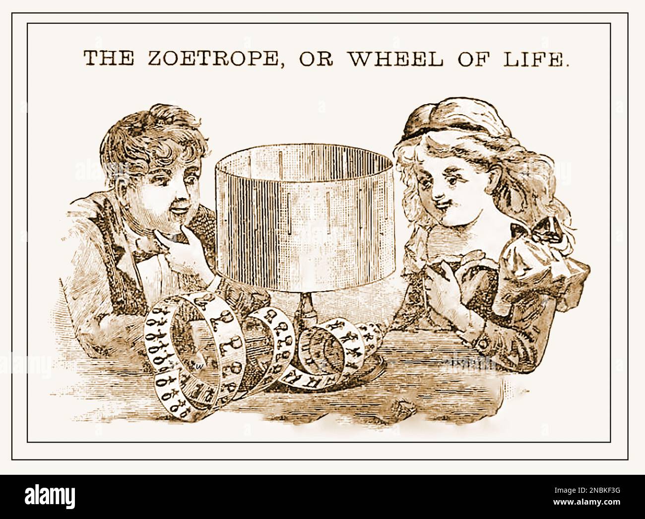 An old Victorian engraving showing a boy and girl with a zoetrope and its picture reels. It was also known as a Wheel of life or zootrope and  was succeeded by the praxinoscope Stock Photo