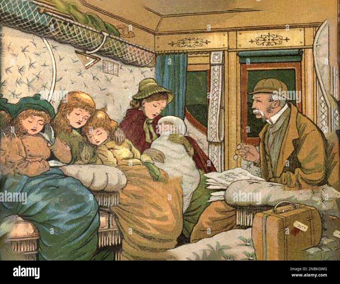 A coloured 19th century scene of travellers Inside a Victorian  2nd  class railway carriage compartment Stock Photo