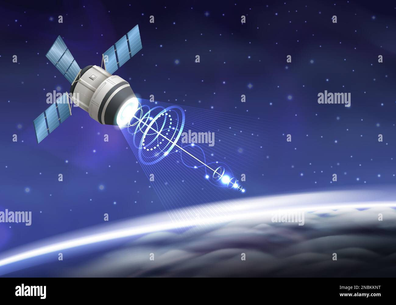 Rocket spacecraft launch realistic composition with view of outer space earth orbit and flying artificial satellite vector illustration Stock Vector