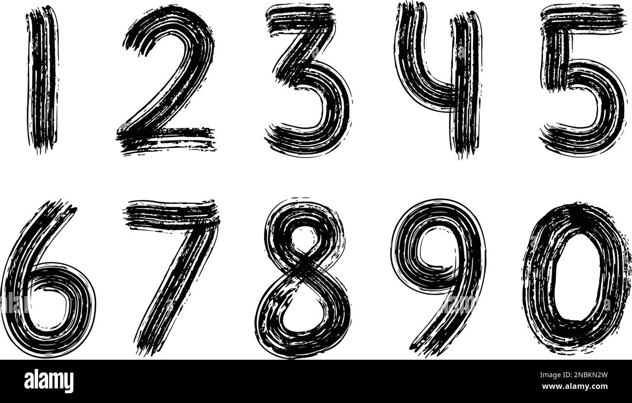 Digits set hand drawn with dry brush. Numbers. Rough strokes modern