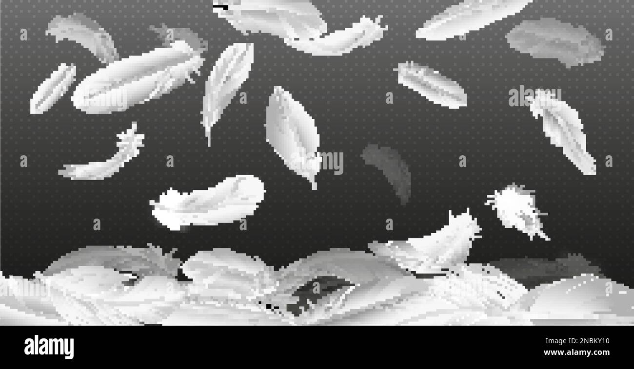Realistic feathers falling composition with transparent background and