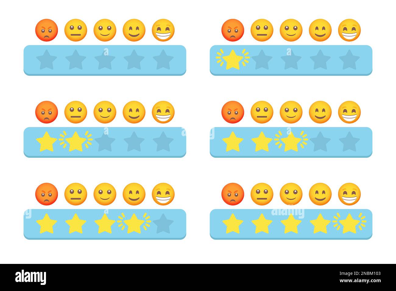Set of star rating with stars and emoji for customer feedback in a flat design Stock Vector