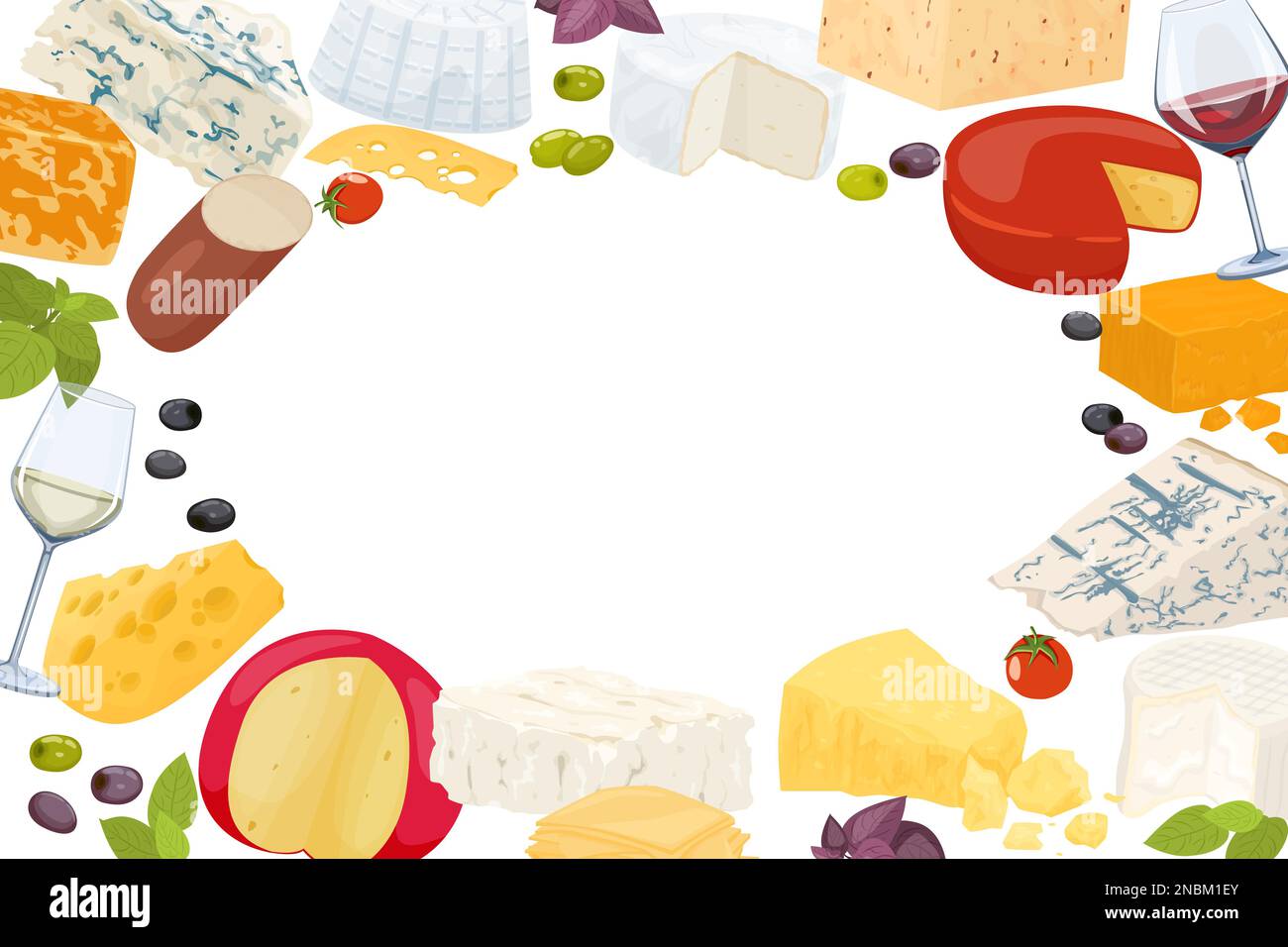 Cheese flat composition or frame whole heads of cheese and sliced wine olives and tomatoes vector illustration Stock Vector