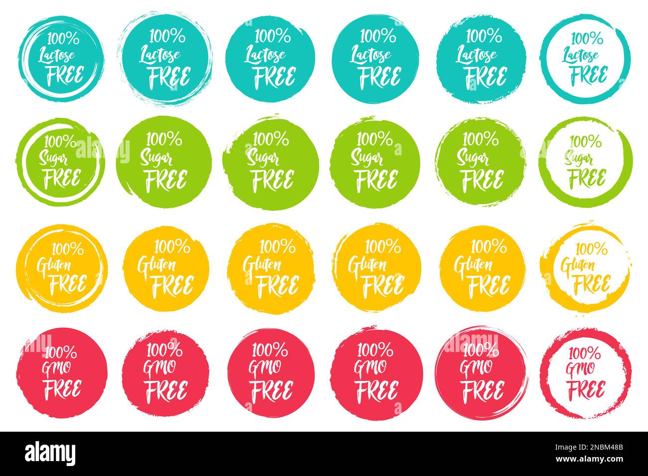 Set of round labels with text - lactose free, sugar free, gluten free, gmo free. Grunge circles shapes for text Stock Vector